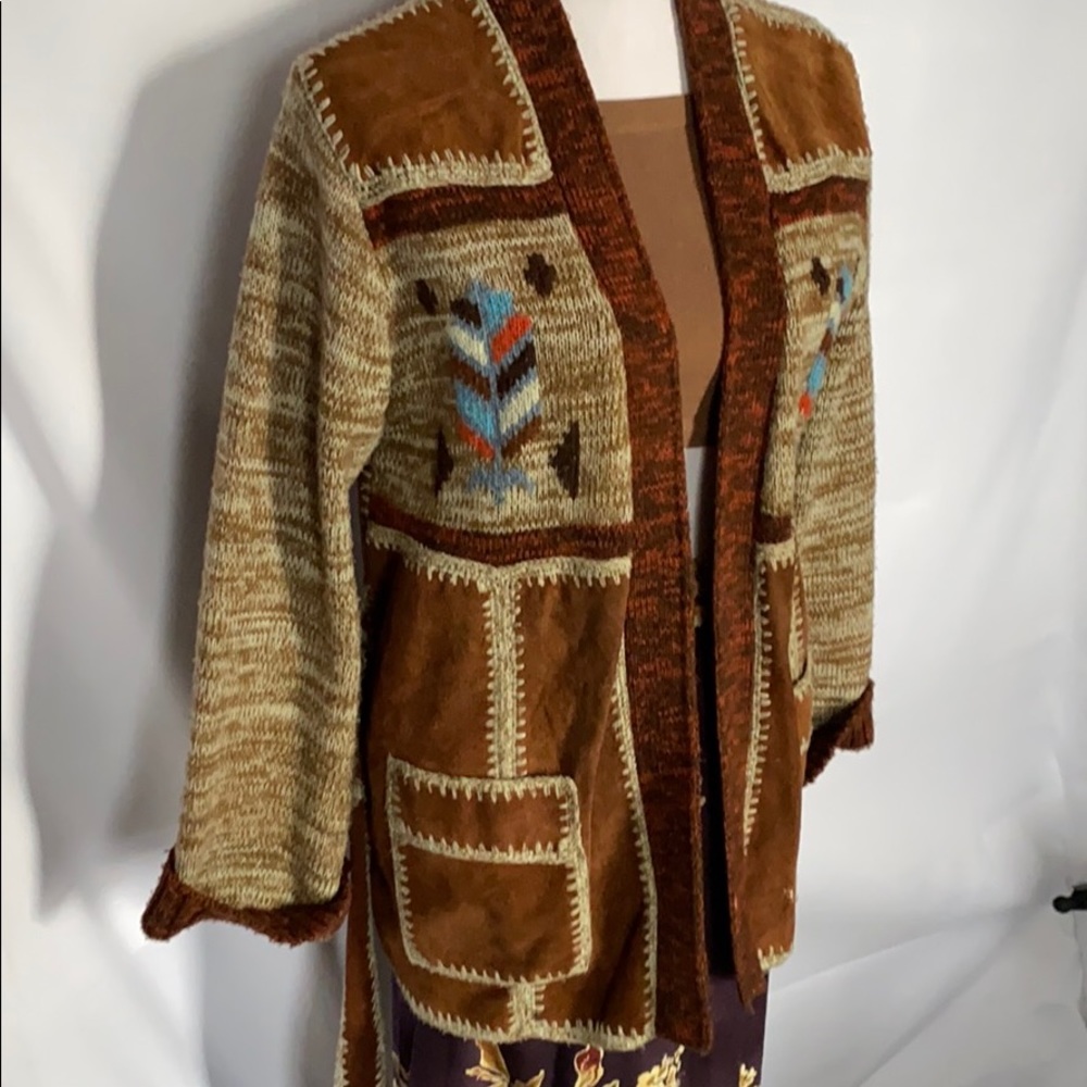 Vintage tribal aztec leather wool belted sweater - Picture 1 of 8